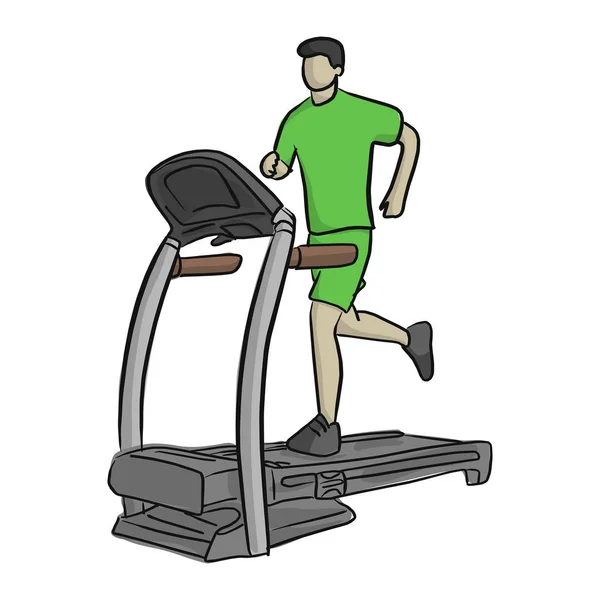 Man running in a gym on a treadmill vector illustration sketch doodle hand drawn with black lines isolated on white background. Concept for exercising, fitness and healthy lifestyle. — Stock Vector