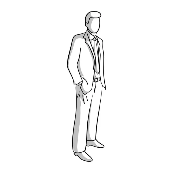 白い背景で隔離の黒い線で描かれたベクター イラスト スケッチ落書き手を立っているビジネスマン — ストックベクタ