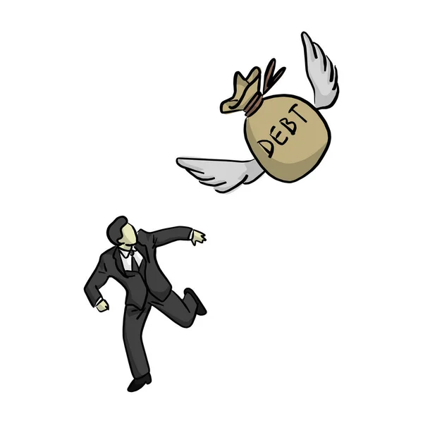 Businessman running away from flying bag of debt vector illustra — Stock Vector