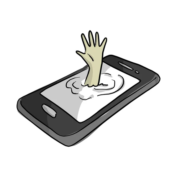 Mão do homem afogando-se no vetor do telefone celular ilustração esboço doodle mão desenhada com linhas pretas isoladas no fundo branco. conceito de dependência de telefone móvel — Vetor de Stock