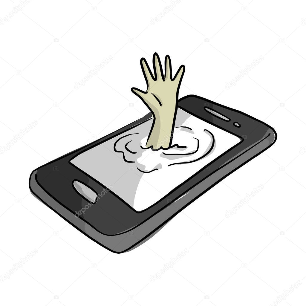 hand of man drowning in mobile phone vector illustration sketch doodle hand drawn with black lines isolated on white background. mobile phone addiction concept