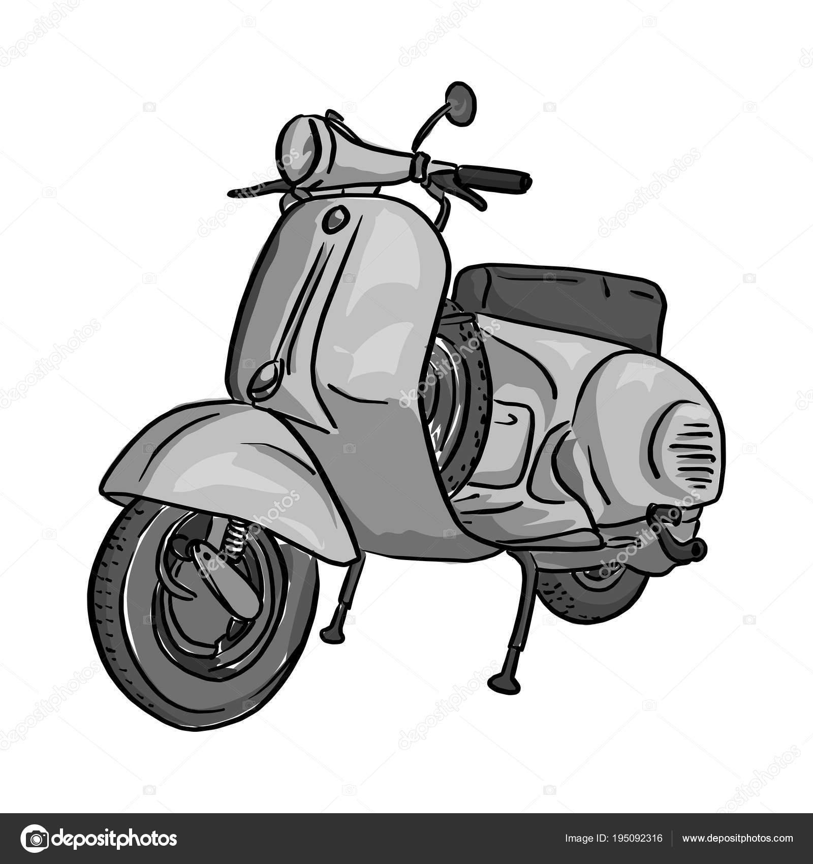 Ретро-Серый Мотороллер Векторная Иллюстрация Рисунок Каракули Рука.