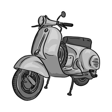 Retro gri scooter vektör illüstrasyon kroki elle izole beyaz arka plan üzerinde siyah çizgilerle çizilmiş doodle