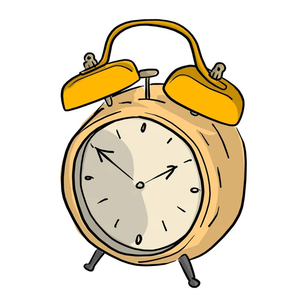 Amarillo retro reloj despertador vector ilustración bosquejo garabato mano dibujada con líneas negras aisladas sobre fondo blanco — Archivo Imágenes Vectoriales