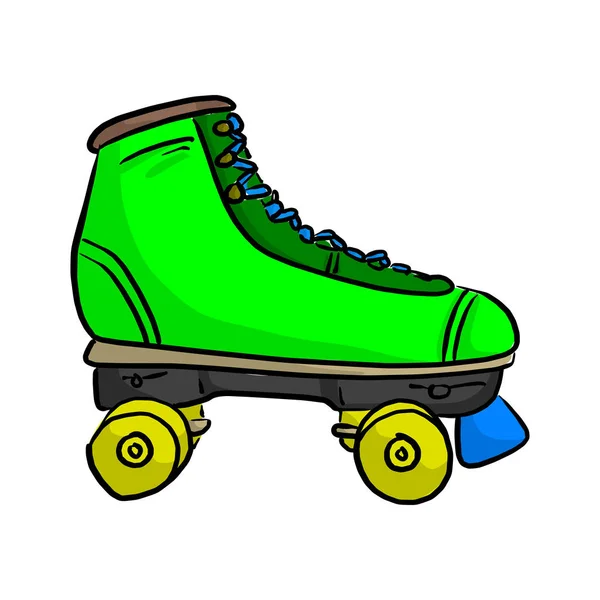 Grön retro roller skate vektor illustration skiss doodle hand dras med svarta linjer isolerad på vit bakgrund — Stock vektor