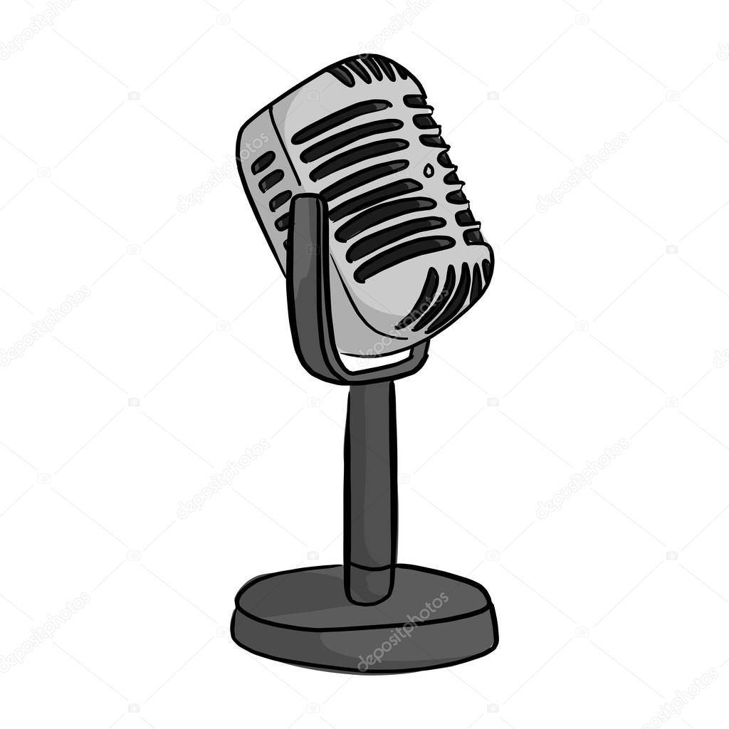 Retro style classic microphone with the word on the air vector illustration sketch doodle hand drawn with black lines isolated on white background