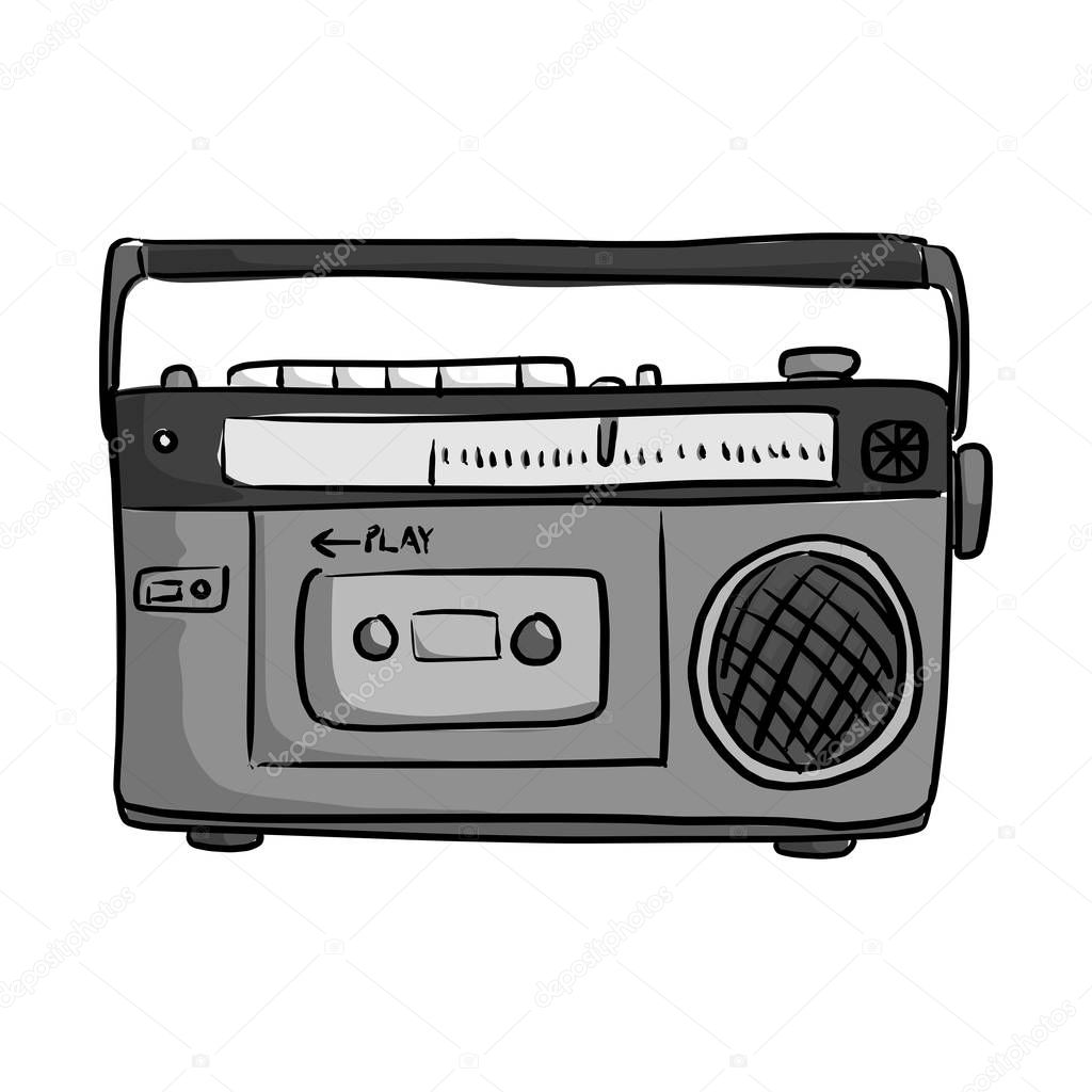 retro classic tape radio player vector illustration sketch doodle hand drawn with black lines isolated on white background