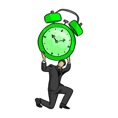 onun baş vektör illüstrasyon kroki doodle el ile izole beyaz arka plan üzerinde siyah çizgiler çizilmiş üzerinde büyük retro çalar saat tutan işadamı