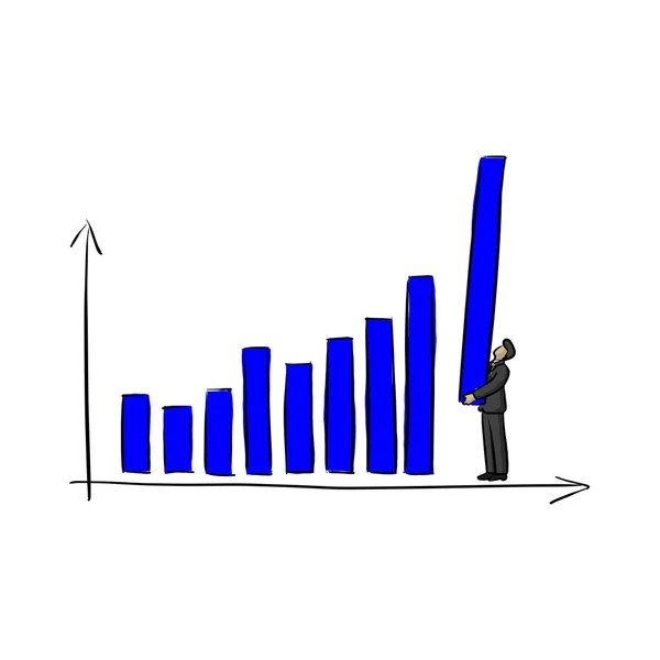 Бізнесмен тримає синій бар діаграма Векторні ілюстрації ескіз каракуля рука намальована чорними лініями ізольовані на білому тлі — стоковий вектор