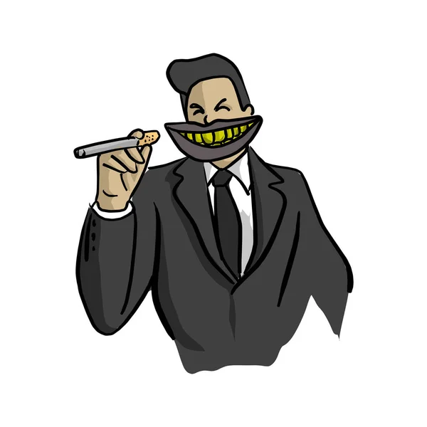 Homme d'affaires avec grande bouche sale tenant cigarette vecteur illustration croquis gribouille dessiné à la main avec des lignes noires isolées sur fond blanc — Image vectorielle