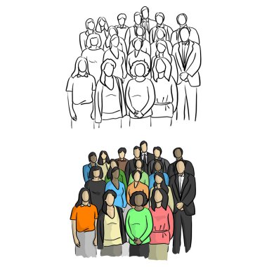 vektör çizim ayakta iş adamları doodle elle izole beyaz arka plan üzerinde siyah çizgilerle çizilmiş kroki. Ekip çalışması kavramı.