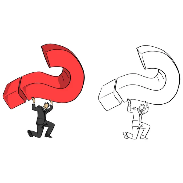 Affärsman bära rött stora frågetecken vektor illustration skiss doodle hand dras med svarta linjer isolerad på vit bakgrund — Stock vektor