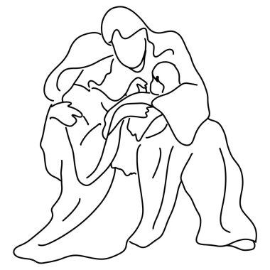 Noel Doğum sahnesi Joseph ve Mary holding bebek İsa vektör illüstrasyon kroki elle beyaz arka plan üzerinde siyah çizgiler izole çizilmiş doodle