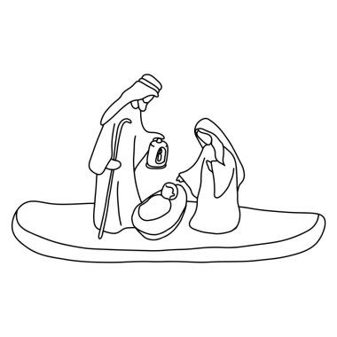 Joseph Mary ve bebek İsa 'nın çizdiği robot resim çizimi beyaz arka planda izole edilmiş. Noel doğumu sahnesi 