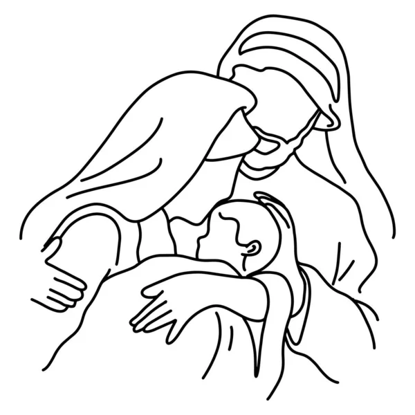 クローズアップジョセフとメアリーのクリスマスのネイティブシーン赤ちゃんを保持イエスベクトルイラストスケッチ落書き手白の背景に隔離された黒い線で描かれた — ストックベクタ