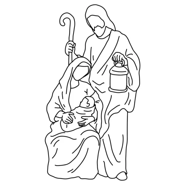 Weihnachtskrippe von Josep mit Stock und Maria hält Baby Jesus Vektor Illustration Skizze Doodle Hand mit schwarzen Linien isoliert auf weißem Hintergrund gezeichnet — Stockvektor