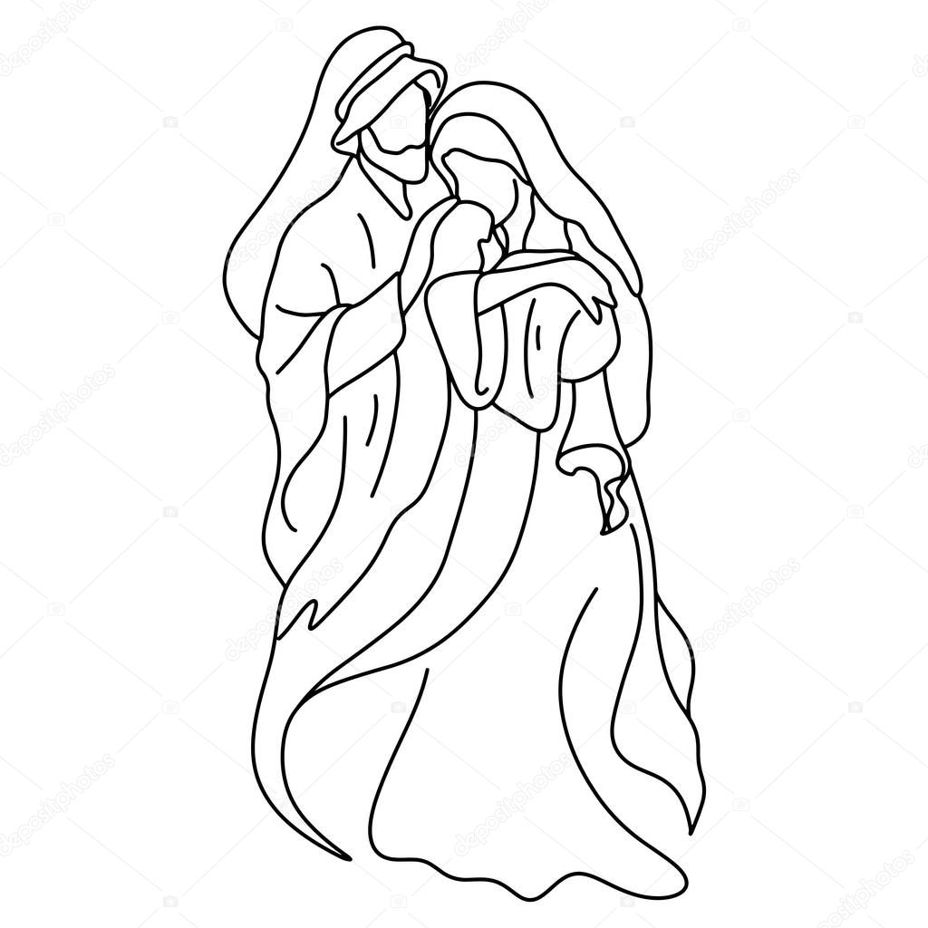 Joseph and Mary holding baby Jesus vector illustration sketch doodle hand drawn isolated on white background. Christmas nativity scene 