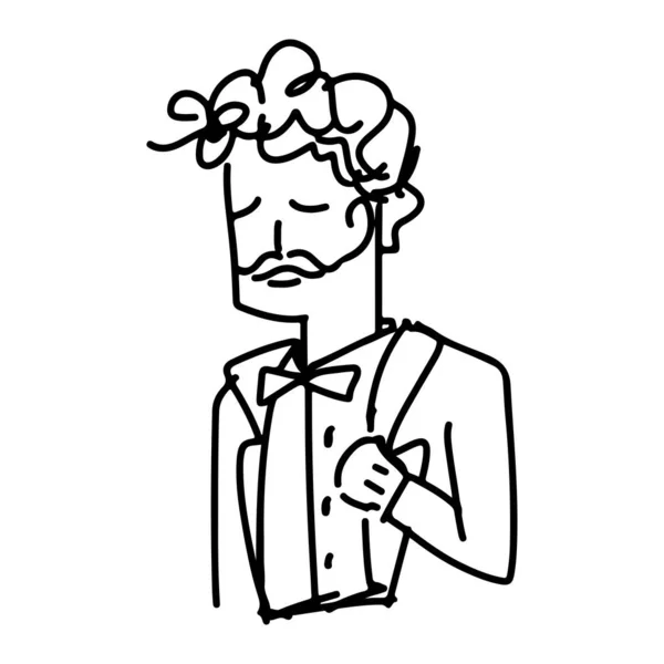 Homem de smoking fechando olhos vetor ilustração esboço doodle mão desenhada com linhas pretas isolado no fundo branco — Vetor de Stock