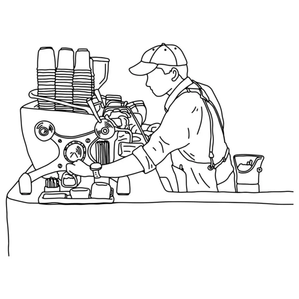 Jovem barista masculino em pé na frente do balcão com máquina de café no vetor cafetaria ilustração esboço doodle mão desenhada com linhas pretas isoladas no fundo branco — Vetor de Stock