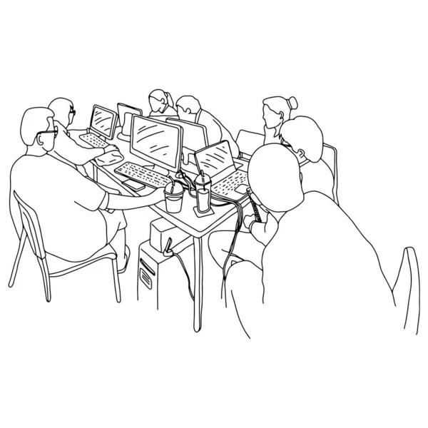 Деловые люди, имеющие собрание совета с ноутбуком на таблице вектор иллюстрации рисунок рисунок каракули руки с черными линиями изолированы на белом фоне — стоковый вектор