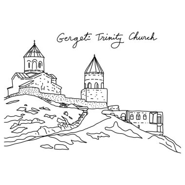Gergeti Trinity Kilisesi veya Stepantsminda vektör illüstrasyon çizimi beyaz arka planda izole siyah çizgiler ile çizilmiş karalama el