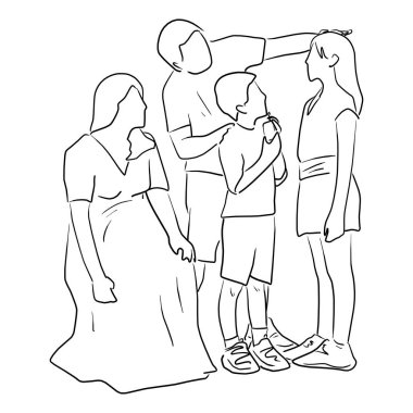 Baba, oğlunun boy vektör çizimini ölçüyor. Beyaz arkaplanda siyah çizgiler çiziyor.