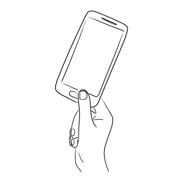 Hand hält Handy mit Daumen und Zeigefinger Vektor Illustration Skizze Doodle Hand mit schwarzen Linien isoliert auf weißem Hintergrund gezeichnet — Stockvektor