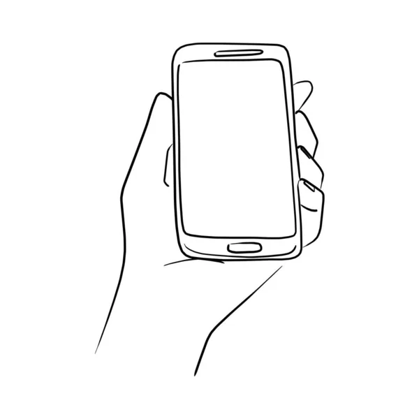 Hand hält Handy Vektor Illustration Skizze Doodle Hand mit schwarzen Linien isoliert auf weißem Hintergrund gezeichnet — Stockvektor