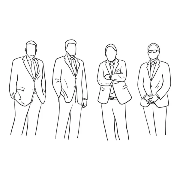Cuatro hombre de negocios de pie con diferentes gestos ilustración vectorial bosquejo garabato mano dibujada con líneas negras aisladas sobre fondo blanco — Vector de stock