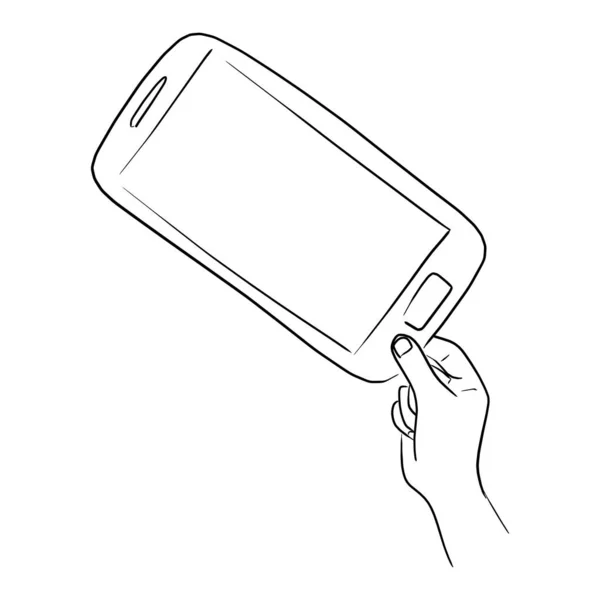 Mão segurando telefone celular com polegar e apontando dedo vetor ilustração esboço doodle mão desenhada com linhas pretas isoladas no fundo branco — Vetor de Stock