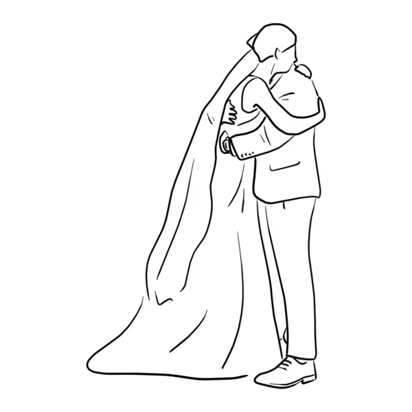 Esküvői pár, menyasszony és vőlegény ölelik egymást vektor illusztráció vázlat firka kéz rajzolt fekete vonalak elszigetelt fehér háttér — Stock Vector