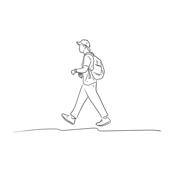 Camminare giovane uomo con zaino vettore illustrazione schizzo doodle mano disegnata con linee nere isolate su sfondo bianco — Vettoriale Stock