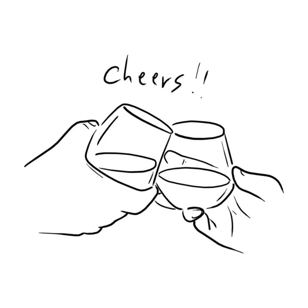 Twee handen juichen met een bril van alcohol vector illustratie schets doodle hand getekend met zwarte lijnen geïsoleerd op witte achtergrond — Stockvector