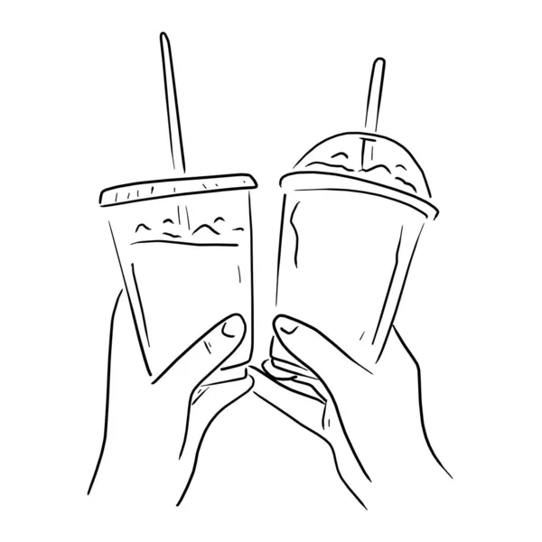 Рука держа на вынос кофе чашку векторной иллюстрации рисунок каракули рука нарисована с черными линиями изолированы на белом фоне — стоковый вектор