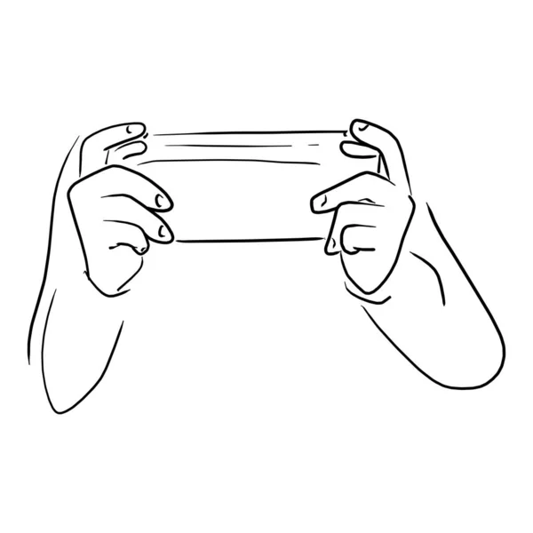 Bakåtvy av hand spela spel med en konsol controller vektor illustration skiss klotter hand dras med svarta linjer isolerad på vit bakgrund — Stock vektor
