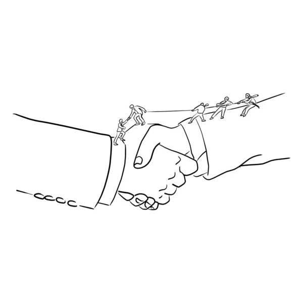 大きな握手でお互いを助けるビジネスマンベクトルイラストスケッチ落書き手は白い背景に孤立した黒い線で描かれています — ストックベクタ
