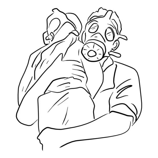 Padre con máscara de gas sosteniendo su niño vector ilustración bosquejo garabato mano dibujada con líneas negras aisladas sobre fondo blanco — Vector de stock