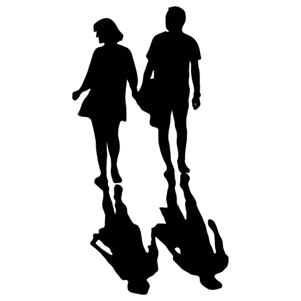 Silueta hombre y mujer de la mano caminando con sombra vector ilustración boceto garabato mano dibujada con líneas negras aisladas sobre fondo blanco — Archivo Imágenes Vectoriales