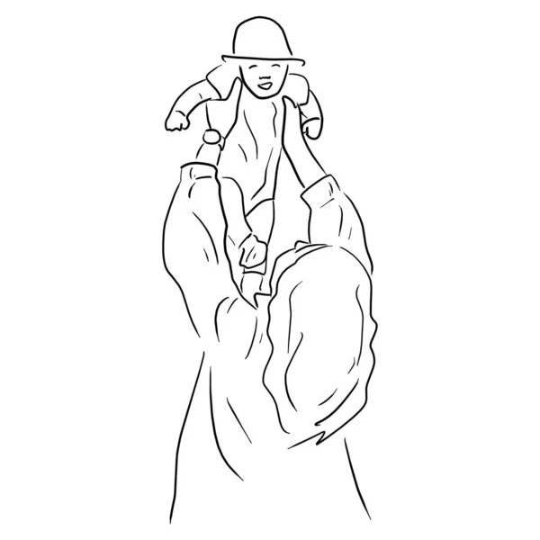 Madre levantamiento y jugando con bebé recién nacido vector ilustración bosquejo garabato mano dibujada con líneas negras aisladas sobre fondo blanco — Vector de stock
