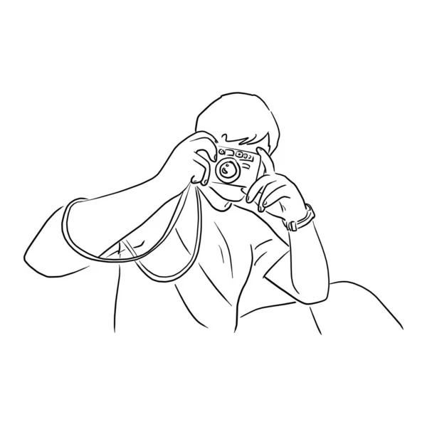 Man using a camera to take a photo vector illustration sketch doodle hand drawn with black lines isolated on white background — 스톡 벡터