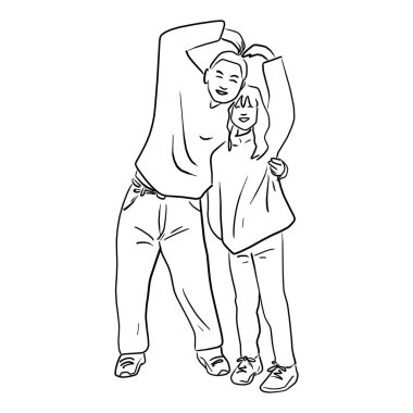 Kalp şekli vektör illüstrasyonu olan çift, beyaz arkaplanda izole edilmiş siyah çizgilerle çizilmiş karalama el çiziyor.