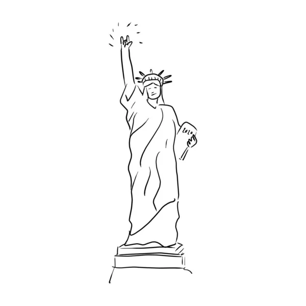 Freiheitsstatue mit Handzeichen der Liebe Vektor Illustration Skizze Doodle Hand mit schwarzen Linien isoliert auf weißem Hintergrund gezeichnet — Stockvektor