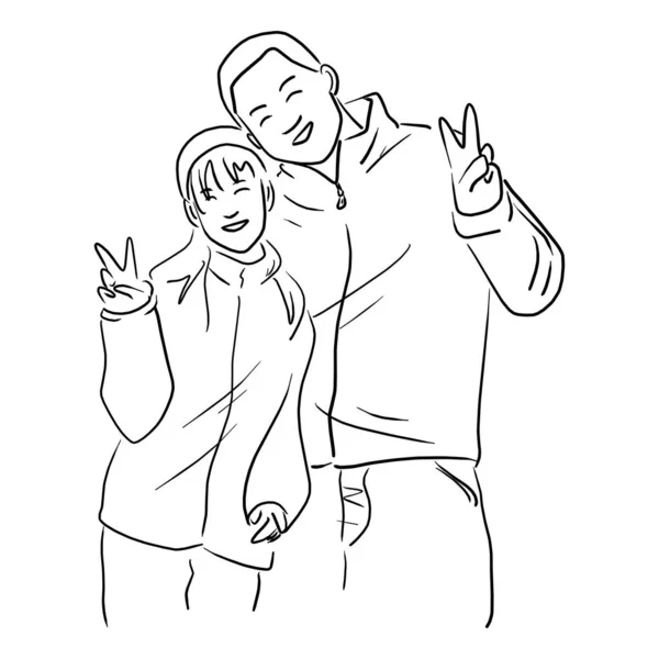 Amante casal com mão vitória sinal vetor ilustração esboço doodle mão desenhada com linhas pretas isolado no fundo branco — Vetor de Stock