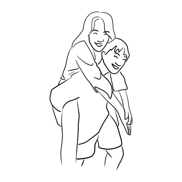 Νεαρός άνδρας που δίνει ένα piggy πίσω βόλτα στην κοπέλα του διανυσματική απεικόνιση σκίτσο doodle χέρι που με μαύρες γραμμές που απομονώνονται σε λευκό φόντο — Διανυσματικό Αρχείο