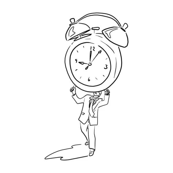 Homme d'affaires tenant une grande horloge au-dessus de sa tête dessin vectoriel croquis à la main gribouillé avec des lignes noires isolées sur fond blanc — Image vectorielle