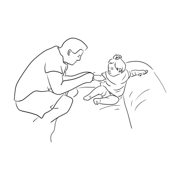 Padre corta sus uñas a su hija pequeña en sofá vector ilustración boceto garabato dibujado a mano — Vector de stock