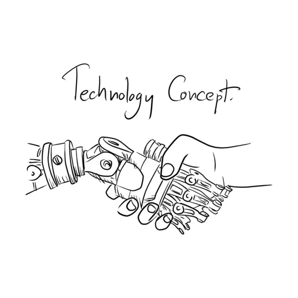 Inteligência artificial robô aperto de mão vetor ilustração esboço doodle mão desenhado isolado no fundo branco — Vetor de Stock