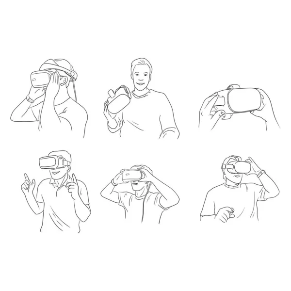 Sada muž na sobě virtuální realita digitální brýle vektorové ilustrace náčrtek kreslit ručně kreslené izolované na bílém pozadí — Stockový vektor
