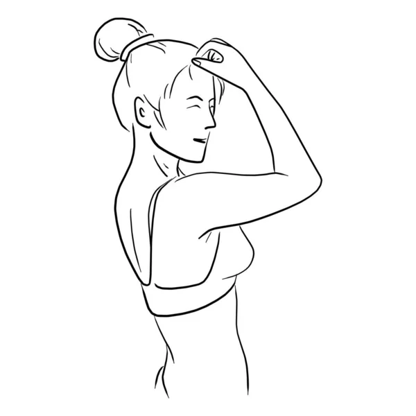 Γυναίκα με μπικίνι με το χέρι αγγίξει το μέτωπό της εικονογράφηση διάνυσμα σκίτσο doodle χέρι που — Διανυσματικό Αρχείο