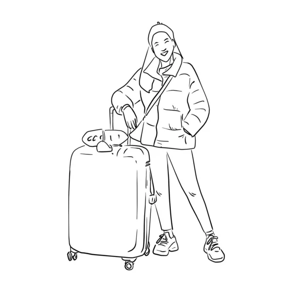 Sorrindo mulher com um saco de bagagem vetor ilustração esboço doodle mão desenhada isolado sobre fundo branco. Conceito de férias . — Vetor de Stock